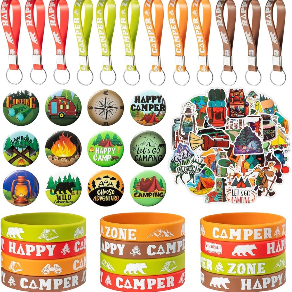 84Pcs Camping Birthday Party Favors Party Supplies Stickers, Keychains, And Pins